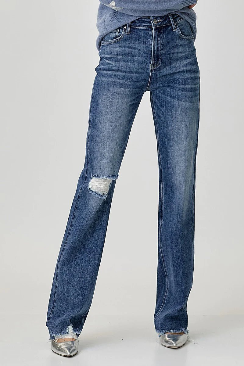 Risen Dark High Rise Long Inseam Straight Jeans