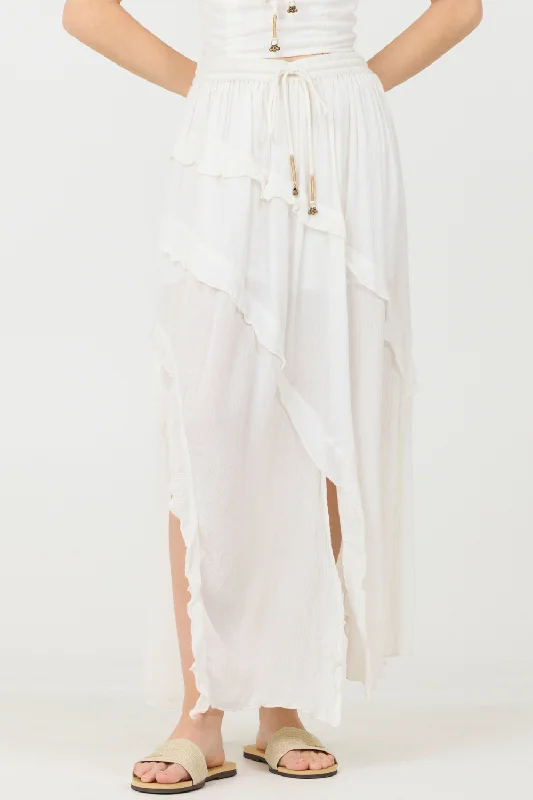 Clean White Rayon Crinkle Ruffle Maxi Skirt