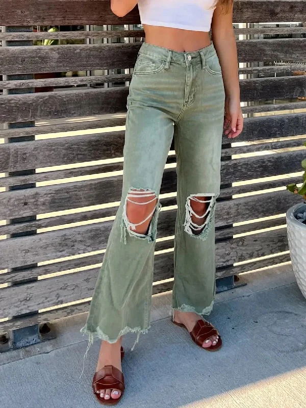 90's Vintage Fringe Edge Distressed Colored Ripped Jeans