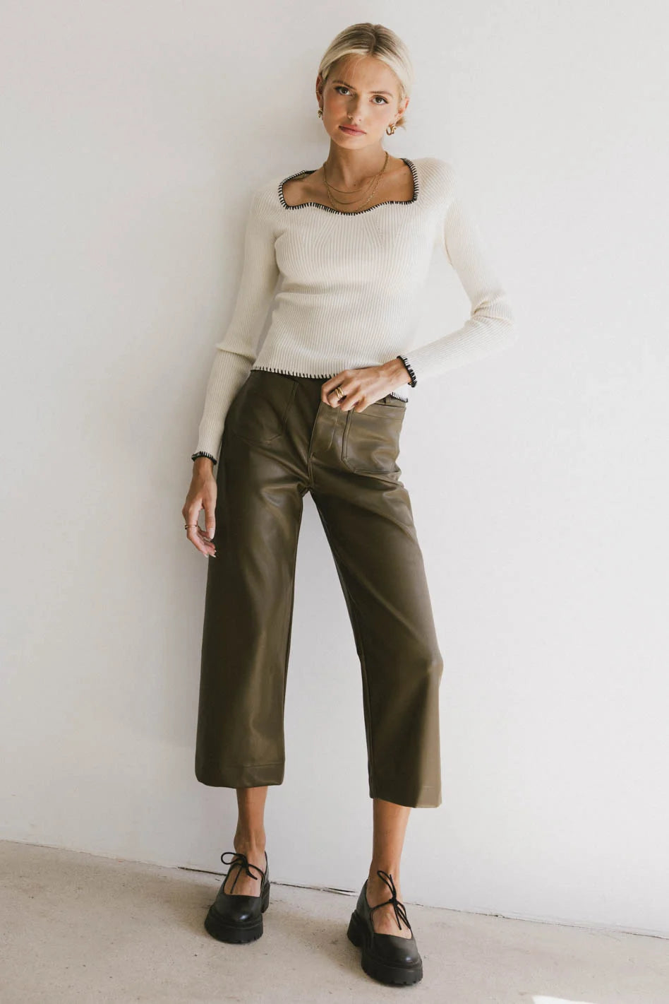 Sadie Wide Leg Pants in Olive Leather