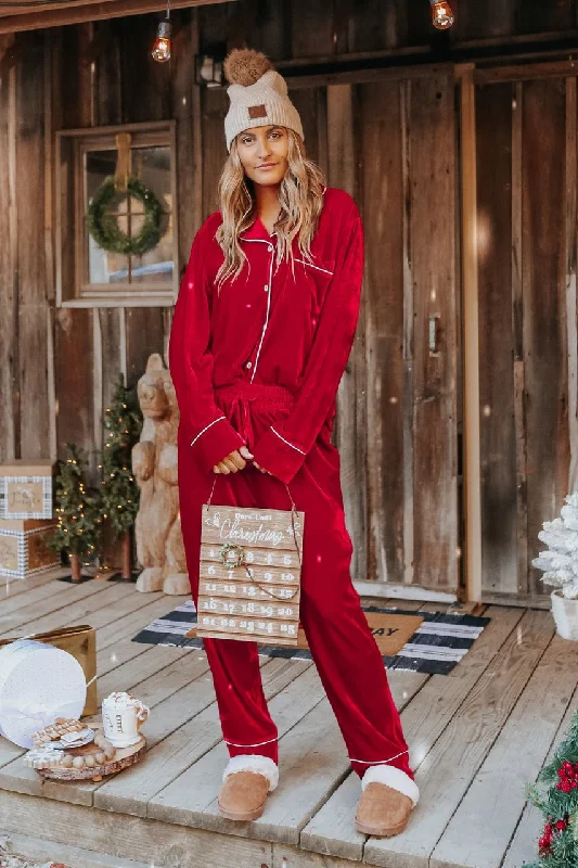 North Pole Burgundy Velvet Pajama Set