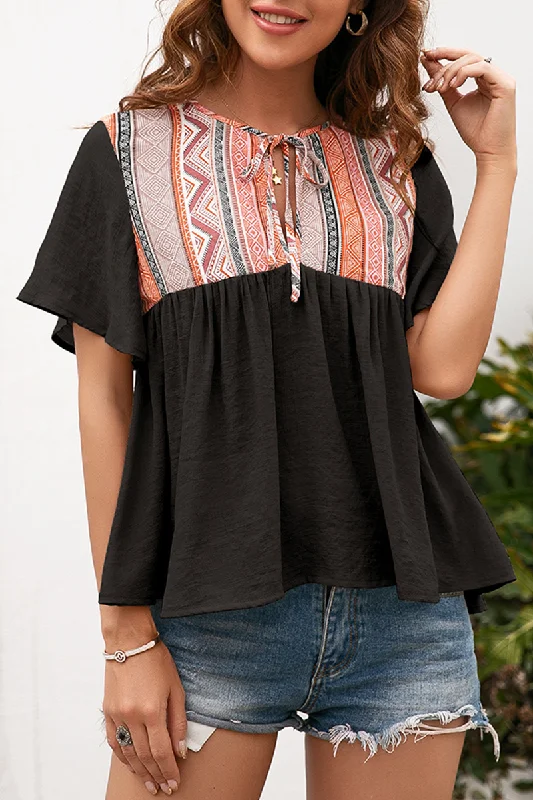 Casual Bohemian Patchwork Frenulum O Neck T-Shirts