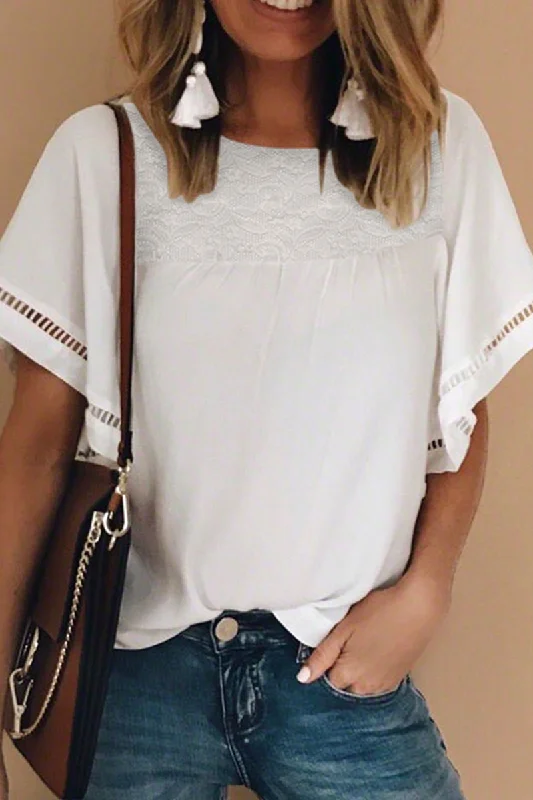 Casual Solid Lace O Neck T-Shirts