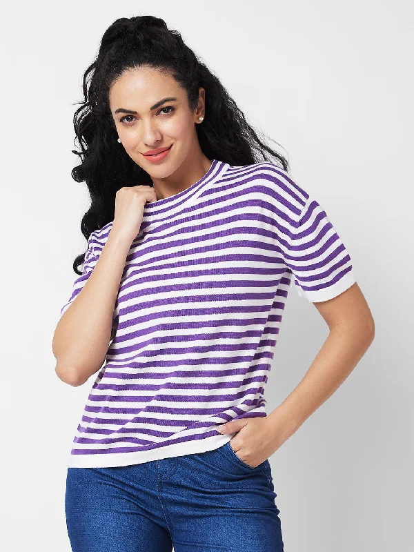 Spykar Purple ROUND NECK Flat Knit T-shirt For Women