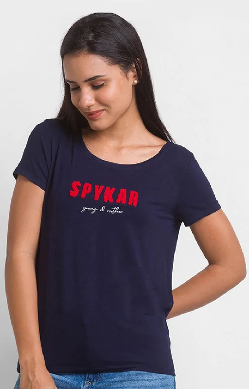 Spykar Navy Blue Blend Half Sleeve Printed Casual T-Shirts For Women