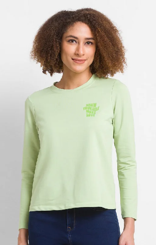 Spykar Green Cotton Blend Full Sleeve Plain Casual T-Shirts For Women