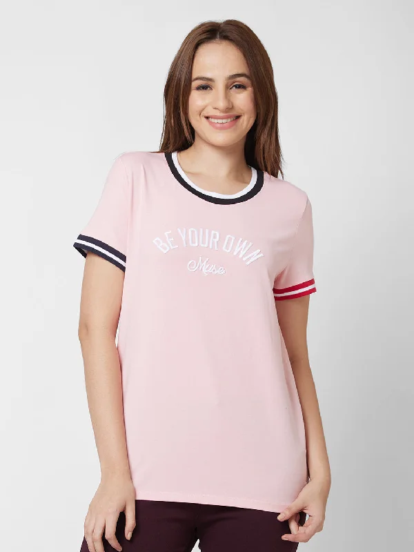 Spykar Round Neck Half Sleeve Pink Printed T-Shirt For Women