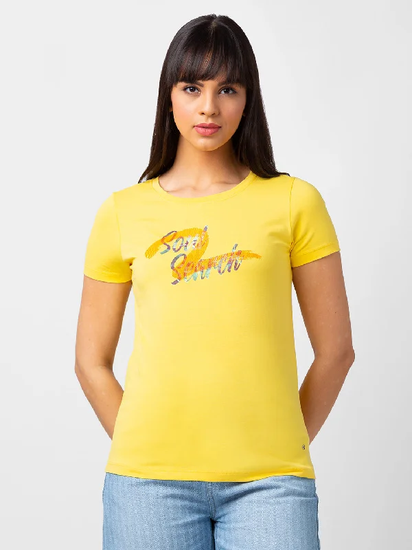 Spykar Women Lemon Yellow Blended Regular Fit Half Sleeve Printed T-Shirts