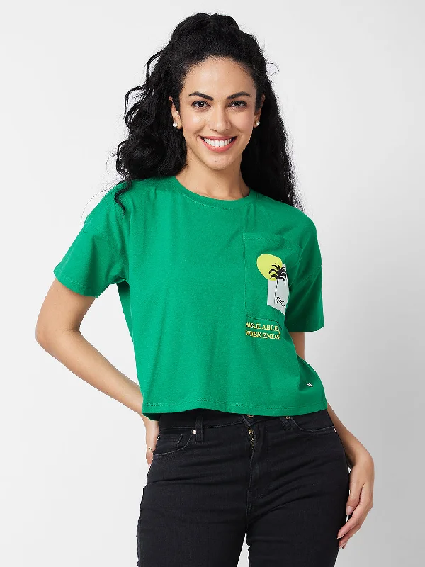 Spykar Round Neck Half Sleeves Green T-shirt  For Women