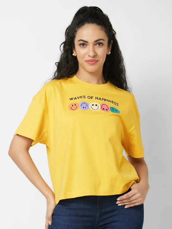 Spykar Round Neck Half Sleeves Yellow T-shirt  For Women