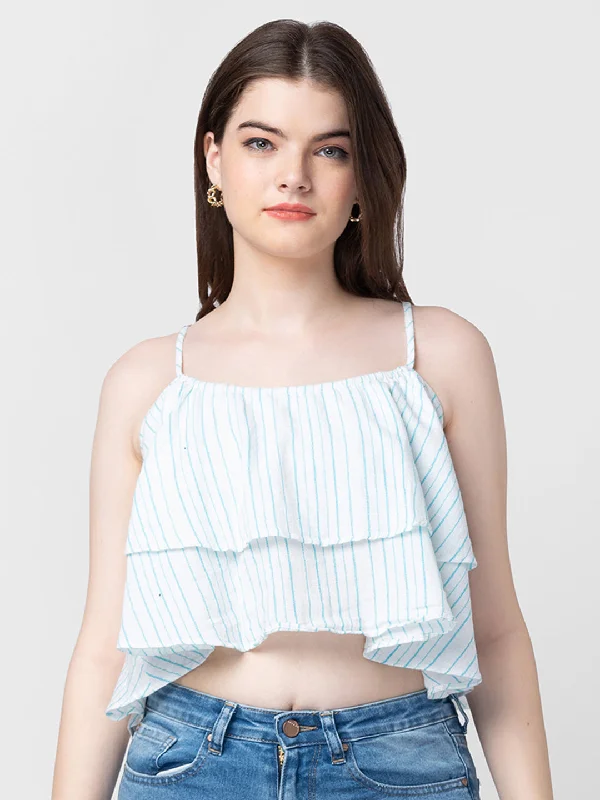 Spykar Women White Cotton Sleeveless Crop Top