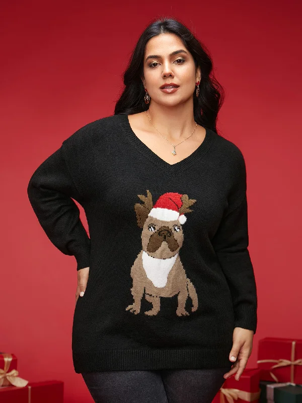 Holidazzled Dog Motif Furry V-neck Pullover