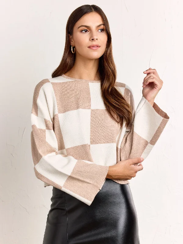 Long-Sleeve Cropped Checkerboard Pullover - Papermoon