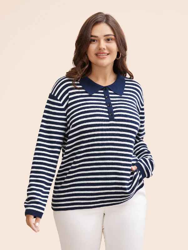 Polo Neck Striped Button Up Pullover