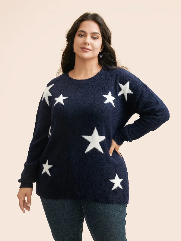 Star Jacquard Crew Neck Pullover