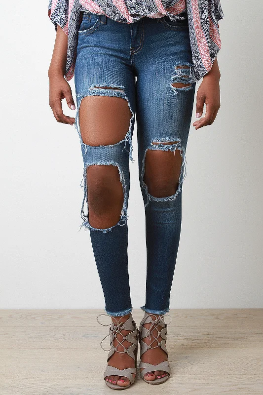 Distress Triple Hole Skinny Jeans